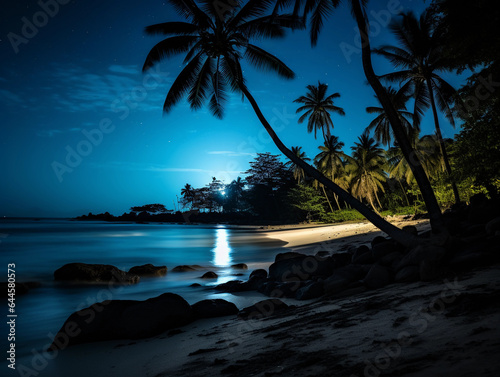 Serene moonlit beach  turquoise waves gently caressing the sand  palm trees in silhouette  stars twinkling above