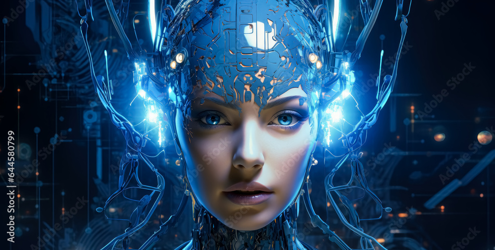Artificial intelligent android blue lighting and humanistic expression.
Artificial intelligent android blue lighting and humanistic expression.