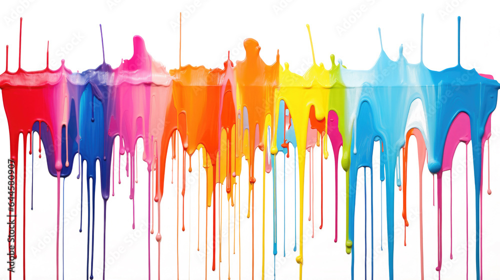 Rainbow colored paint dripping on white background. Banner with colored oil streaks