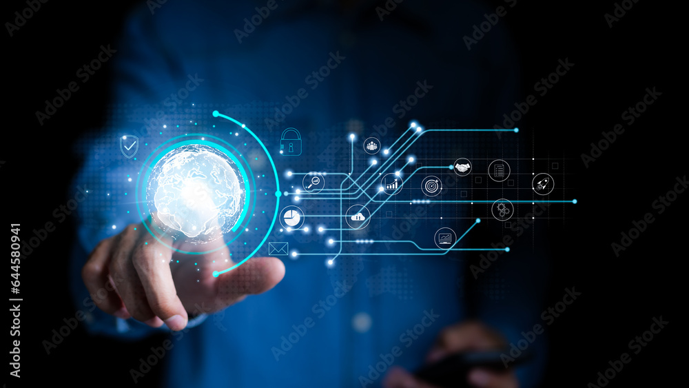 Businessman hand touching on global Internet connection. Business global internet connection application technology and digital marketing, Financial and banking, Digital link tech, big data, Businessman hand touching on global Internet connection. Business global internet connection application technology and digital marketing, Financial and banking, Digital link tech, big data,