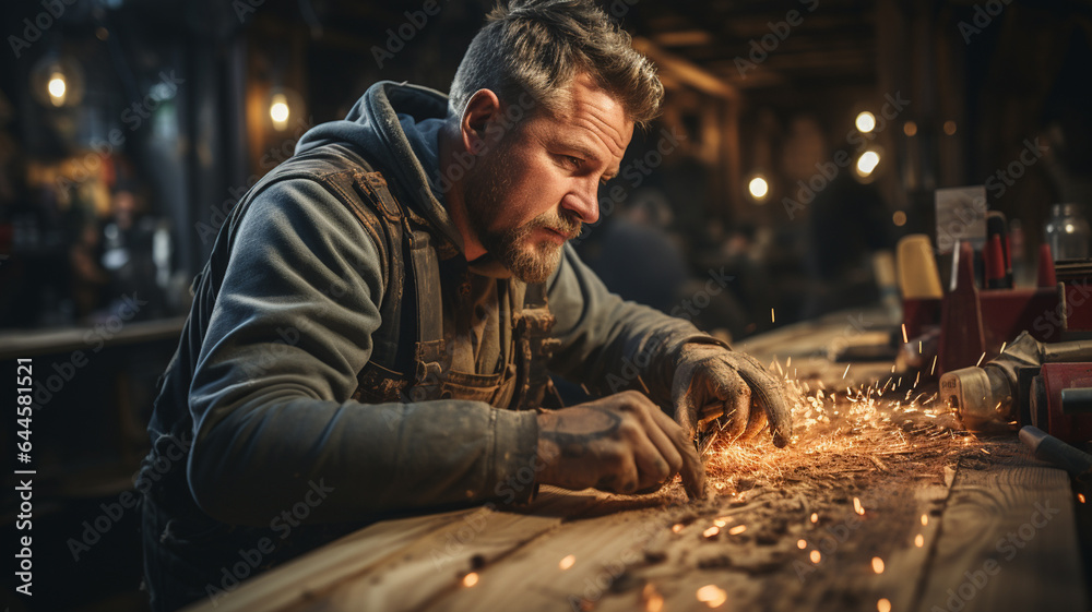 male carpenter working on retro wood in a retro workshop male carpenter working on retro wood in a retro workshop