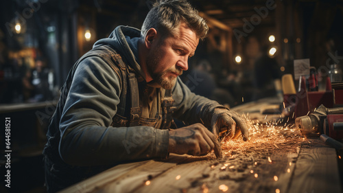 male carpenter working on retro wood in a retro workshop