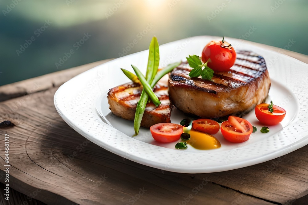 Perfectly grilled, thick fillet steak that's tender and juicy, accompanied by roasted vegetables and tomatoes, artistically arranged on a well-worn wooden platter.
