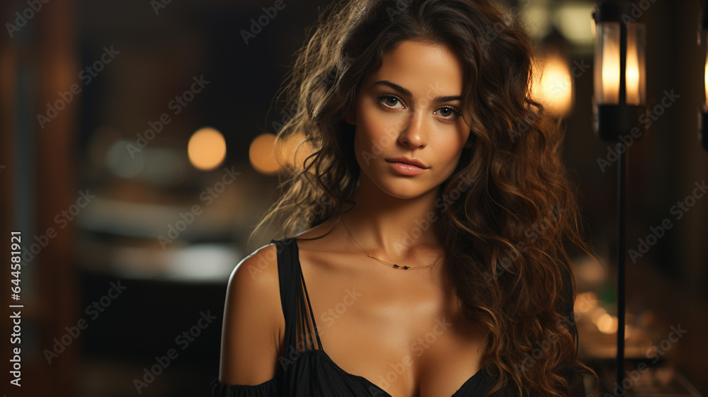 beautiful young woman with long brown wavy hair