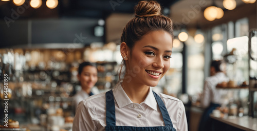 Beautiful smiling girl waitress in a cafe