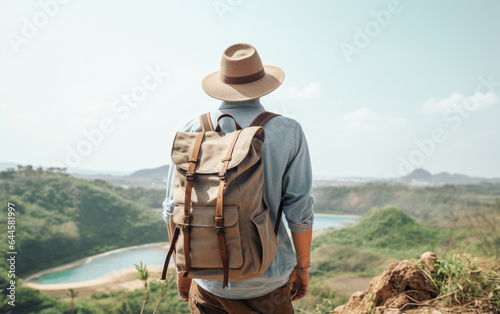 Young traveler wearing a hat with backpack hiking outdoor Travel Lifestyle and Adventure concept