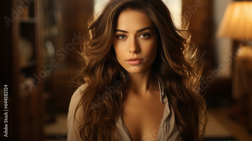 close up of beautiful woman with long curly hair and eyes © S...