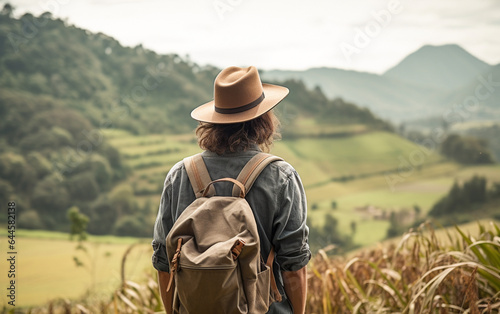 Young traveler wearing a hat with backpack hiking outdoor Travel Lifestyle and Adventure concept © MUS_GRAPHIC