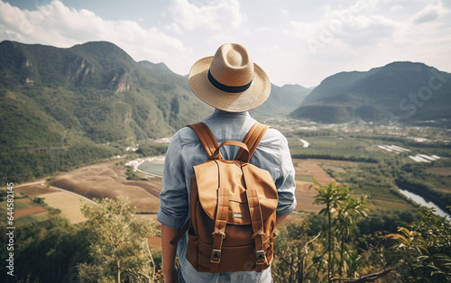 Young traveler wearing a hat with backpack hiking outdoor Travel Lifestyle and Adventure concept