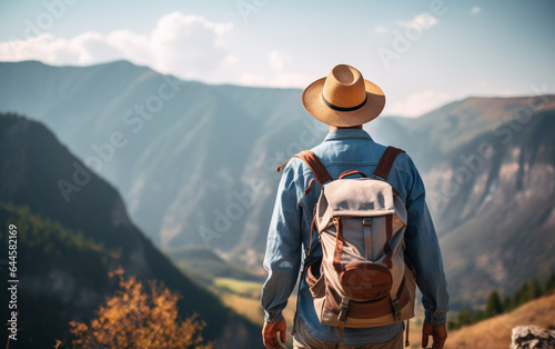Young traveler wearing a hat with backpack hiking outdoor Travel Lifestyle and Adventure concept
