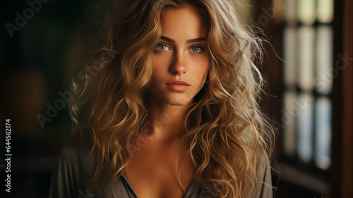 close up of beautiful woman with long curly hair and eyes