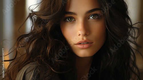 close up of beautiful woman with long curly hair and eyes