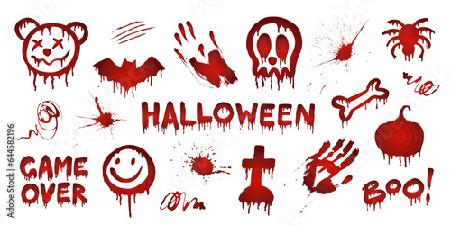 Bloody elements. Blood collection. Happy Halloween decoration.Splashes, bruises, inscriptions.Vector illustration.