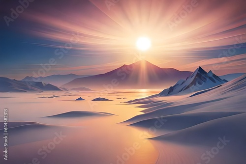 sunset in the mountains of the snowy grounds in the winter season 