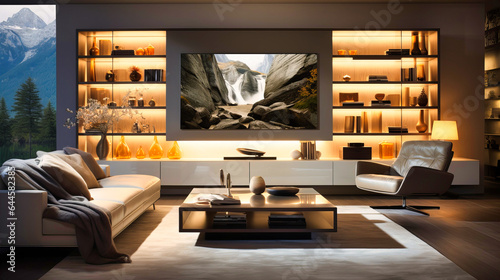 Sleek white entertainment centers with ambient lighting, photo