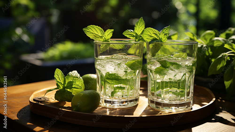 glass of water with ice and mint on table in room glass of water with ice and mint on table in room