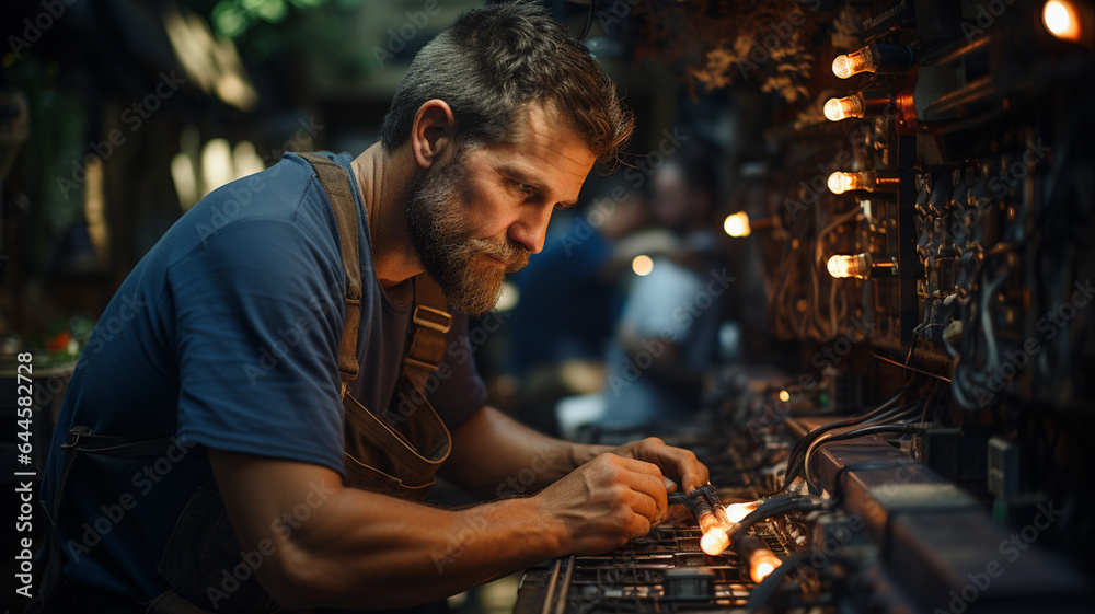 male worker with metal machine in workshop. male worker with metal machine in workshop.