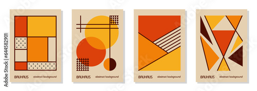 Set of 4 minimal autumn orange colors vintage 20s geometric design posters, wall art, template, layout with primitive shapes elements. Bauhaus pattern background, circle, triangle and square line art