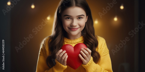 Smiling pretty young girl holding red heart on lights boken background, Valentine day concept, generative ai