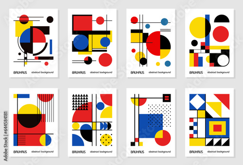 Set of 8 minimal vintage 20s geometric design posters, wall art, template, layout with primitive shapes elements. Bauhaus retro pattern background, vector abstract circle, triangle and square line art