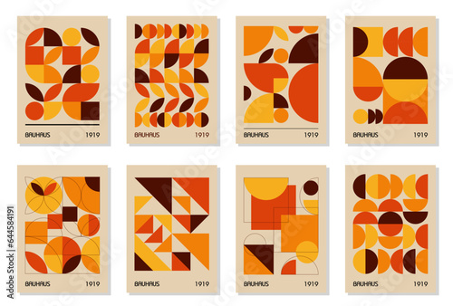 Set of 8 minimal autumn orange colors vintage 20s geometric design posters, wall art, template, layout with primitive shapes elements. Bauhaus pattern background, circle, triangle and square line art