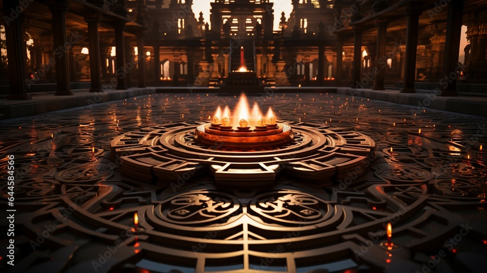 Obraz premium Serene temple courtyard with ancient stone pillars