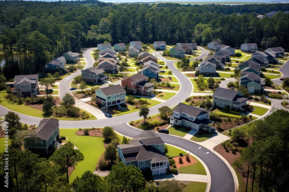 Aerial view of a suburban neighborhood in the United States of America