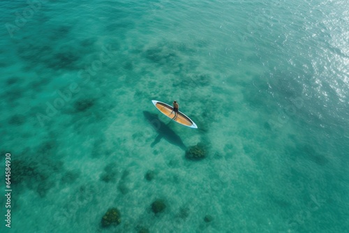 Aerial view of a boat on the turquoise sea. Aerial view of a woman on a surfboard in the turquoise waters of the Maldives, AI Generated