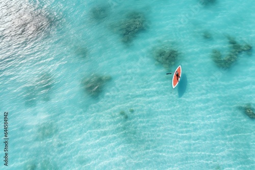Aerial view of a kayak in the turquoise sea, Aerial view of a woman on a surfboard in the turquoise waters of the Maldives, AI Generated © Iftikhar alam
