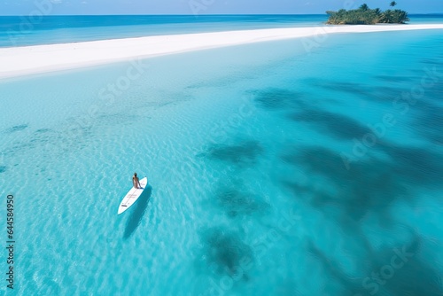 Aerial view of a woman paddleboarding on a beautiful tropical beach, Aerial view of a woman on a surfboard in the turquoise waters of the Maldives, AI Generated