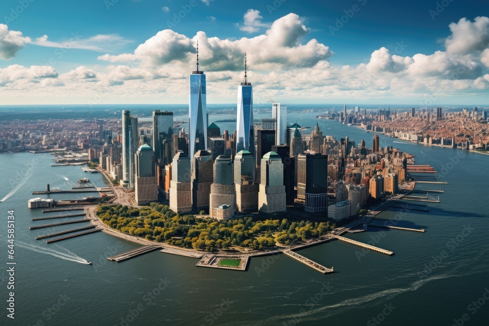 Aerial view of New York City skyline with skyscrapers. Aerial view of lower Manhattan New York City, AI Generated - obrazy, fototapety, plakaty 