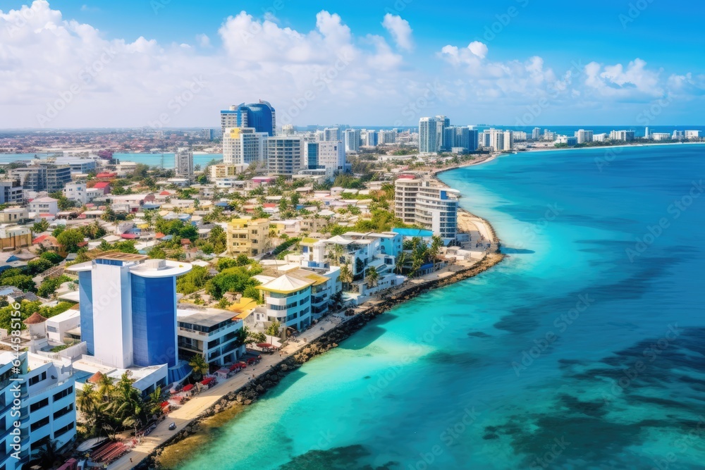 Aerial view of beautiful tropical beach and sea with blue sky background, Aerial view of Male the capital of the Maldives,  AI Generated - obrazy, fototapety, plakaty 