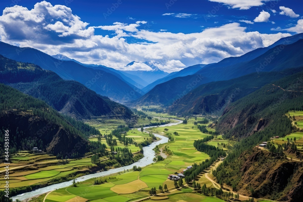 Beautiful view of the valley and mountains in Sichuan, China, Aerial view of Paro Valley; Bhutan, AI Generated