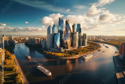 Aerial view of modern city with skyscrapers and river. Aerial view of Moscow City with Moscow River, Russia, AI Generated