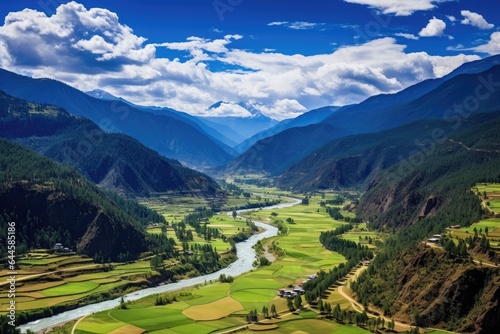 Beautiful view of the valley and mountains in Sichuan, China, Aerial view of Paro Valley; Bhutan, AI Generated