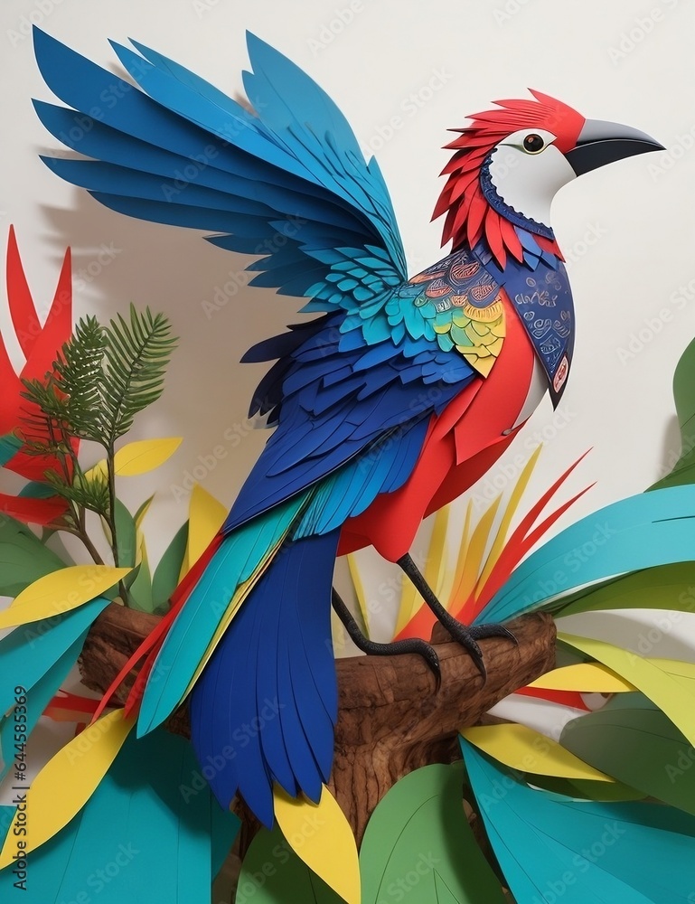 Fototapeta premium Elegant 3D Style Paper Art Illustration, Birds and Flowers in a Mesmerizing Composition