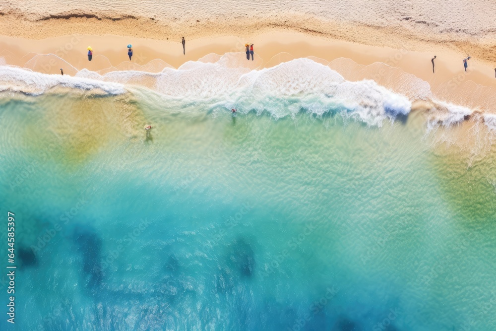 Aerial view of beach and ocean waves. Aerial view of beach and ocean waves background. Aerial view of beach and ocean waves, beach with tourists swimming in beautiful clear sea water, AI Generated