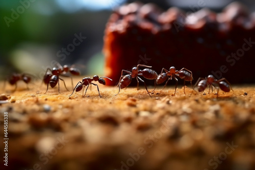 Close up of red ants on the ground.