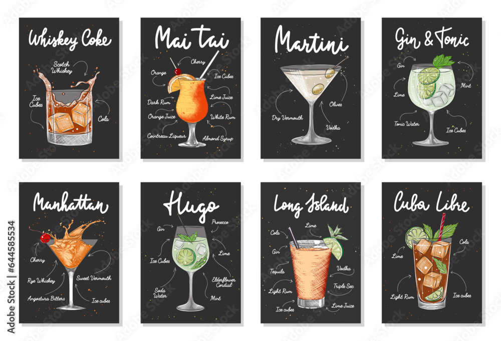 custom made wallpaper toronto digitalSet of 8 advertising recipe lists with alcoholic drinks, cocktails and beverages lettering posters, wall decoration, prints, menu design. Hand drawn vector engraved sketches. Handwritten calligraphy.