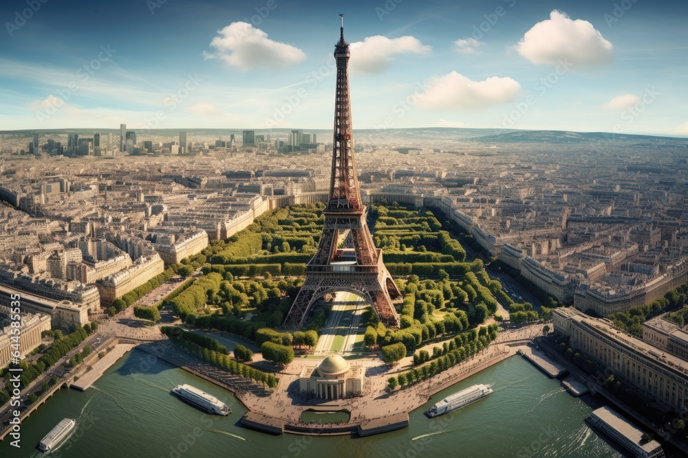 Aerial view of Eiffel Tower in Paris, France. Aerial view of the Eiffel Tower, AI Generated