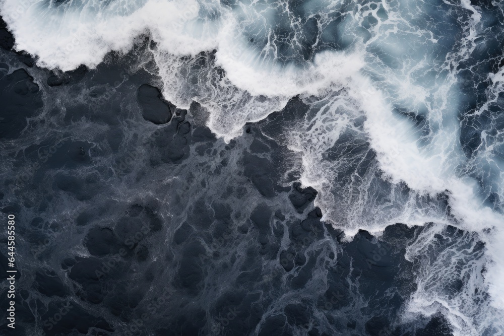 Foam on the surface of the sea. Abstract background. Aerial view of waves on black sand beach, AI Generated