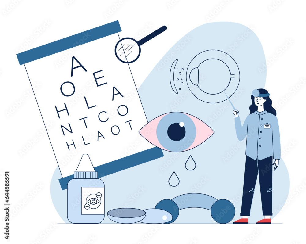 Optometrist telling about harm of contact lenses for eyes. Eye drops