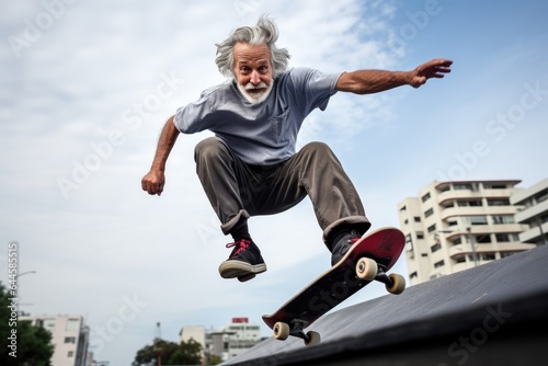 Elderly man skateboarding. Generative AI