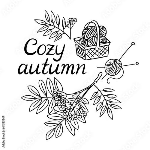 Hand drawn outline autumn lettering and quote or pharse for cards, banners, posters design. Cozy autumn slogan. Black doodle elements on white background. photo