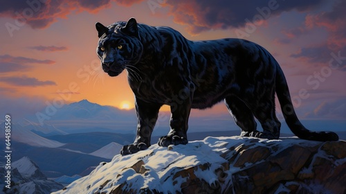 Black Panther on a Snowy Mountain Peak: A Realistic Digital Painting of a Splendid and Rare Animal. Generative AI © A.M