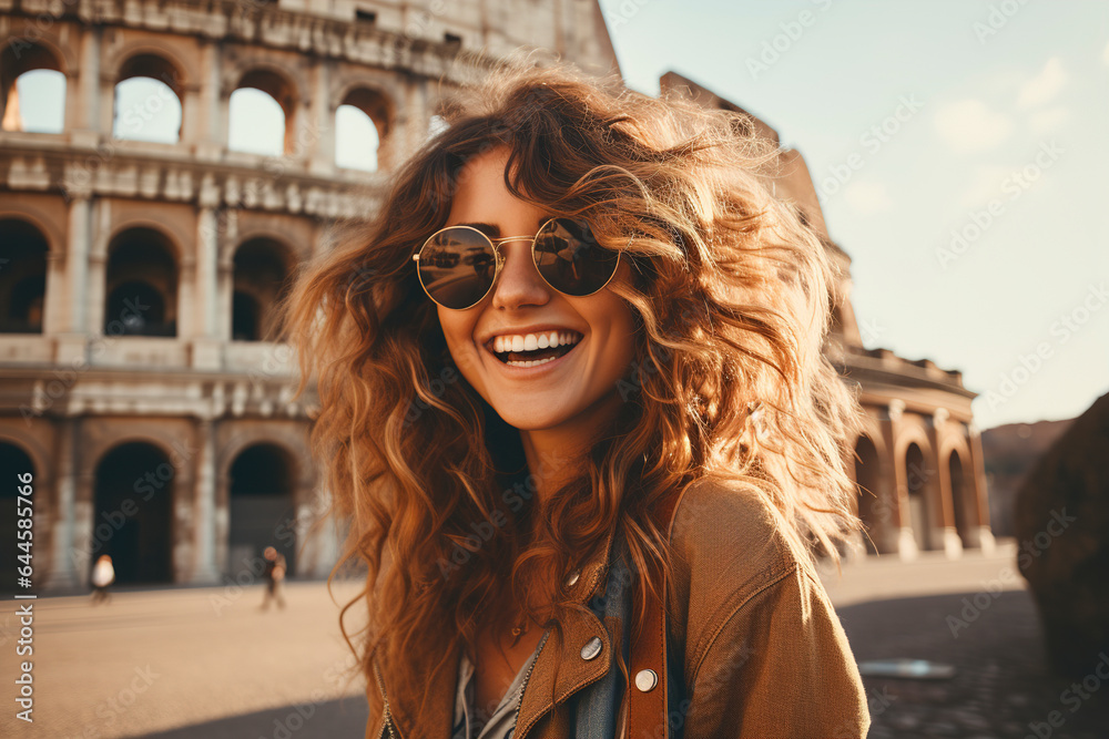 Portrait of young woman with curly hair near Colosseum in Rome. Happy young woman walking on the street in Rome, Italy. People visit famous Colosseum in Roma city center.