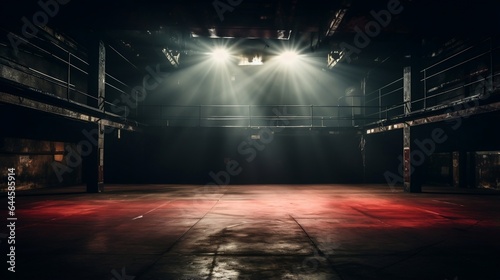 Classic old warehouse building. illuminated by the light in a dark room. Empty wooden room in vintage style © Matthew