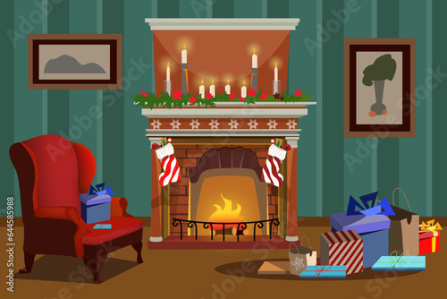 Fireplace and Christmas gifts in living room vector illustration. Cartoon drawing of stocking hanging on fireplace, gift box on armchair and floor. Christmas, winter holidays, interior design concept