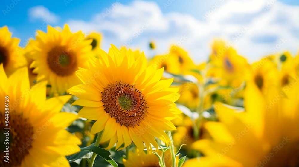 Sunflower field under a summer sky. Vibrant sunflowers in a beautiful field surrounded by nature's charm.