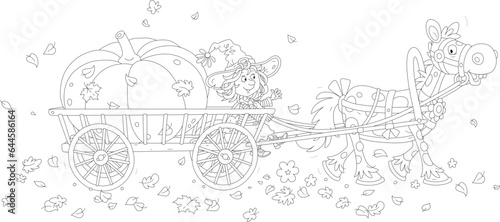 Little witch carrying a giant pumpkin from an autumn vegetable garden on her wooden cart pulled by a funny horse, black and white outline vector cartoon illustration for a coloring book